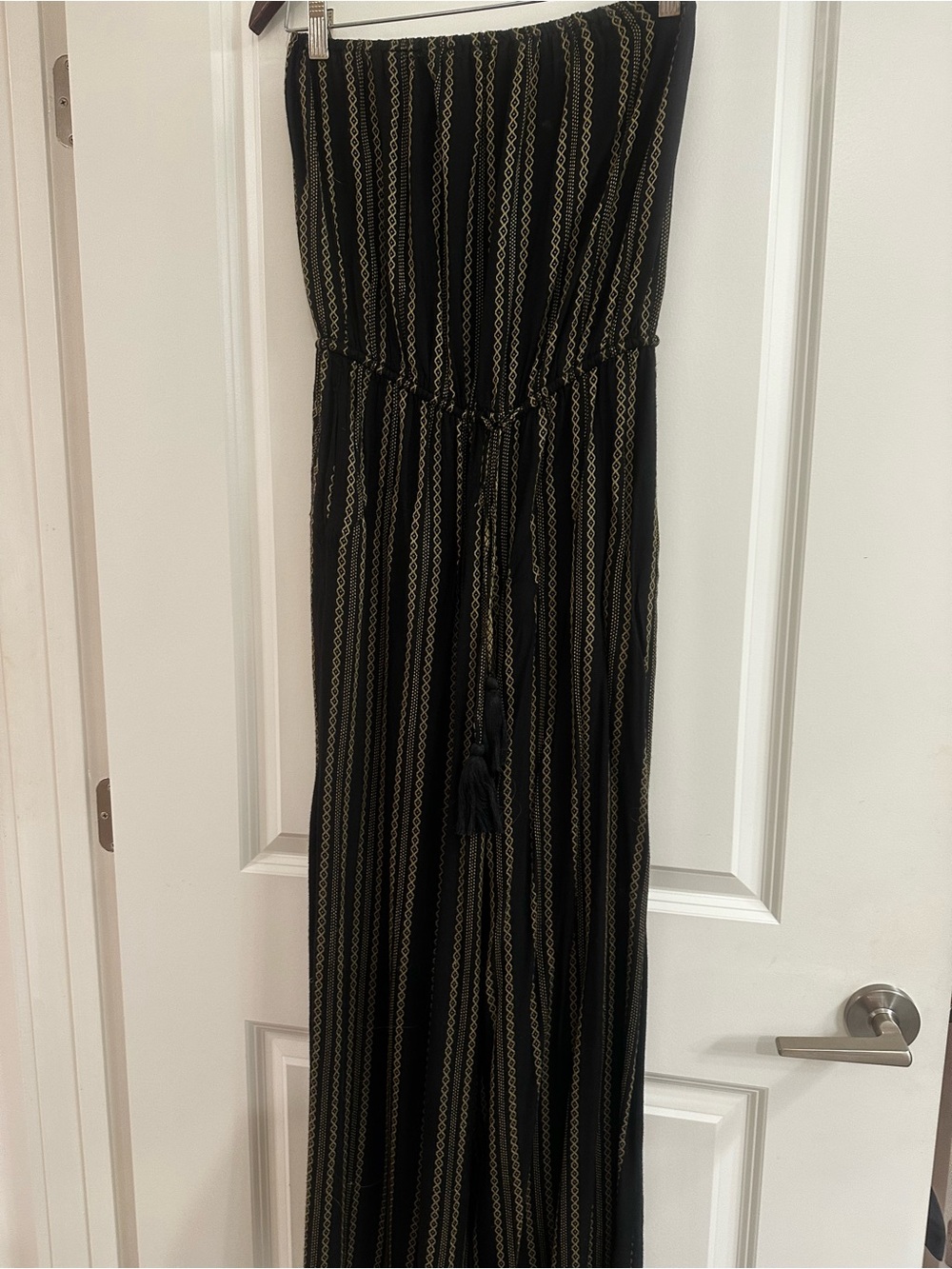 Elan Black Strapless Jumpsuit with Gold Vertical Stripes
